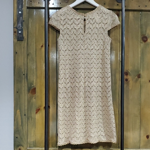 Tan Sheath Midi Dress with Flutter Cap Sleeves - Picture 7 of 7